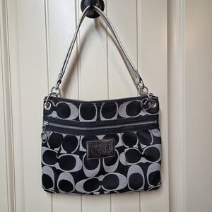 Coach Poppy Signature Sateen Pocket Swing Bag Black & Silver Crossbody Purple